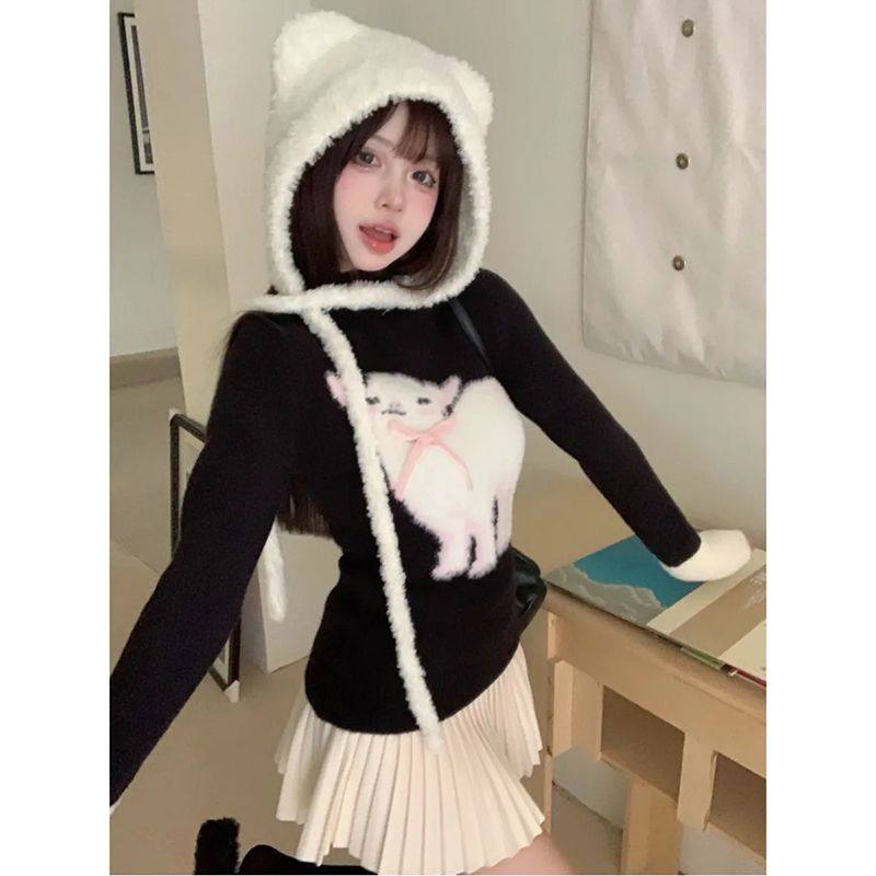 羊咩芭比可爱黑色修身显瘦针织半高领毛衣女秋冬季新款设计感上衣 - 图3