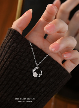 气质仙女风花环项链女s925纯银幻彩玫瑰花月牙锁骨链百搭首饰