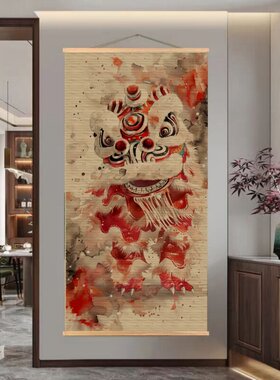 国潮醒狮竹编工艺画免打孔