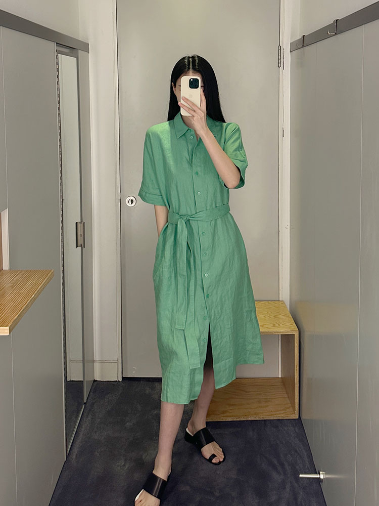 极简COS风休闲版型落肩系带亚麻衬衫绿色长裙24夏新通勤女连衣裙 - 图0