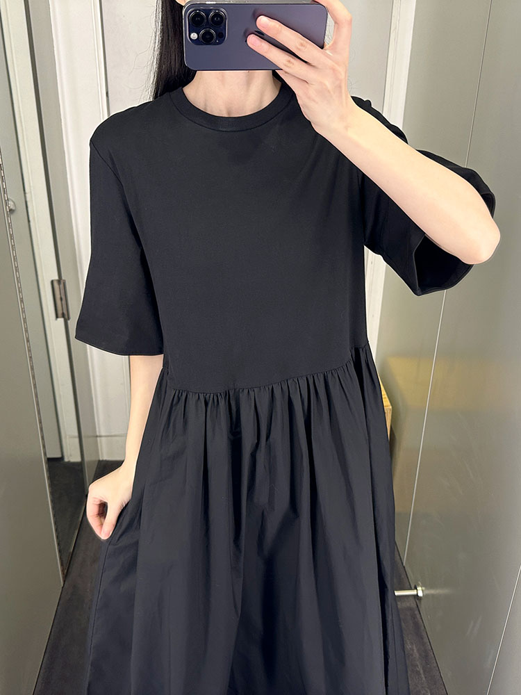 极简COS风休闲版型短袖T恤拼接长裙简约黑色23夏季新通勤女连衣裙-图2