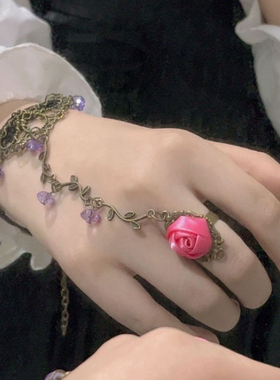 暗黑洛丽塔蕾丝玫瑰手链戒指一体女复古哥特风万圣节cos道具饰品