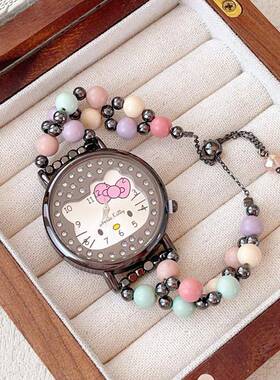 hellokitty手表猫咪镶钻蝴蝶结珍珠粉晶可爱卡通QJR女孩高颜值礼