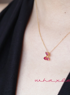 霓虹甜心| Whaxle 红色樱桃吊坠少女甜美925银镀18k金项链锁骨链