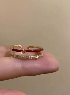 2026新款新年喜庆红色星星滴釉戒指女小众食指戒复古港风开口指环