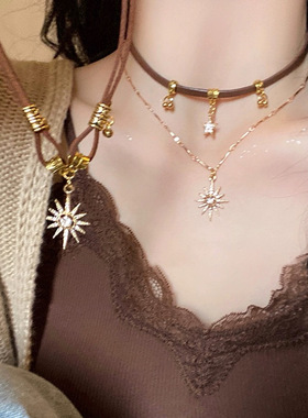 美拉德太阳星星锆石项链女秋冬轻奢复古卫衣链甜酷风圣诞毛衣链潮