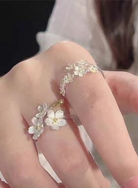 925镀银戒指ins学生繁花似锦开口戒可调节简约立体花朵款食指戒~