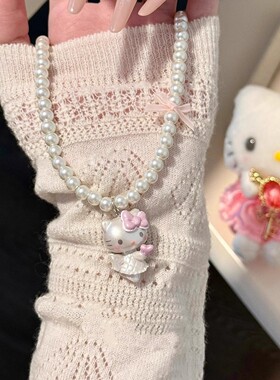 可爱粉色系带蝴蝶结KT猫坠珍珠项链少女心甜美精致通勤百搭锁骨链