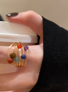 复古彩色碧玺星球戒指女款轻奢小众设计食指戒独特高级感中古指环