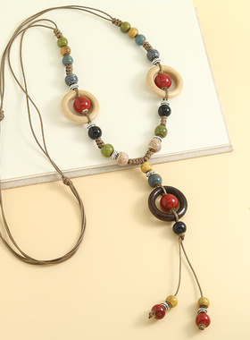 复古风国潮文艺陶瓷项链女长款吊坠学生毛衣链简约百搭衣服配饰