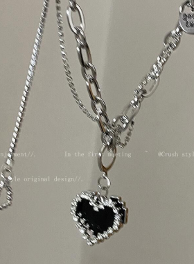 甜酷~锆石黑马赛克爱心项链女ins小众设计高级感冷淡风锁骨链配饰