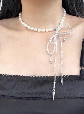 欧美黑暗风小众手作串珠蝴蝶结珍珠项链绑带少女心甜妹choker