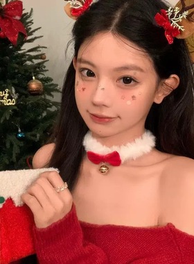 可爱少女圣诞节毛绒项链甜美红色丝绒蝴蝶结铃铛choker项圈锁骨链