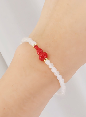 原创百搭天然白月光石朱砂手链