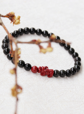 黑曜石珠子朱砂貔貅天然黑曜石手链女男黑曜石手串龙年本命年礼物