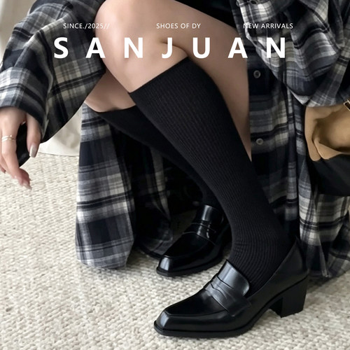 羊皮版sanjuan三卷厚底粗跟乐福鞋黑色增高玛丽珍鞋通勤高跟皮鞋 - 图0