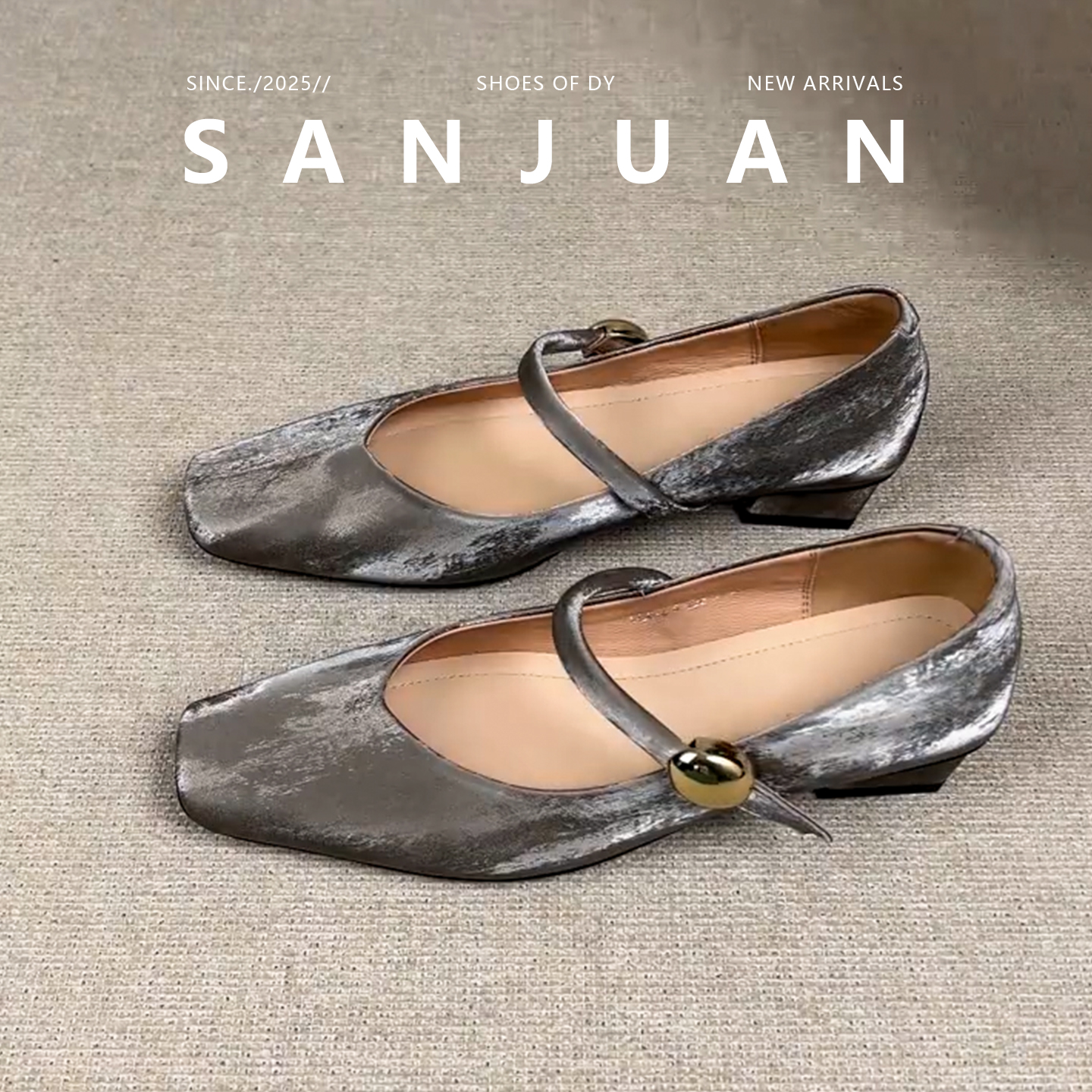 三卷sanjuan法式复古风方头粗跟一字带玛丽珍百搭浅口绒面单鞋女 - 图3