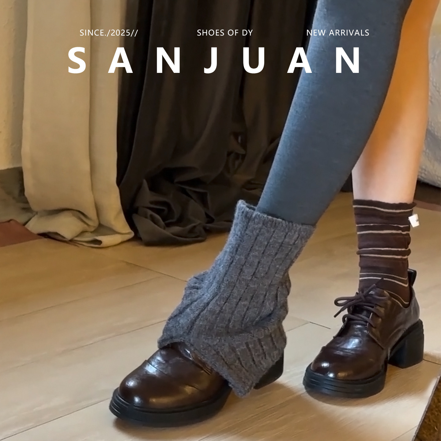 羊皮版sanjuan三卷加绒小皮鞋英伦风厚底增高单鞋棕色高跟鞋粗跟,淘宝优惠券,粉丝福利购,淘宝优惠卷