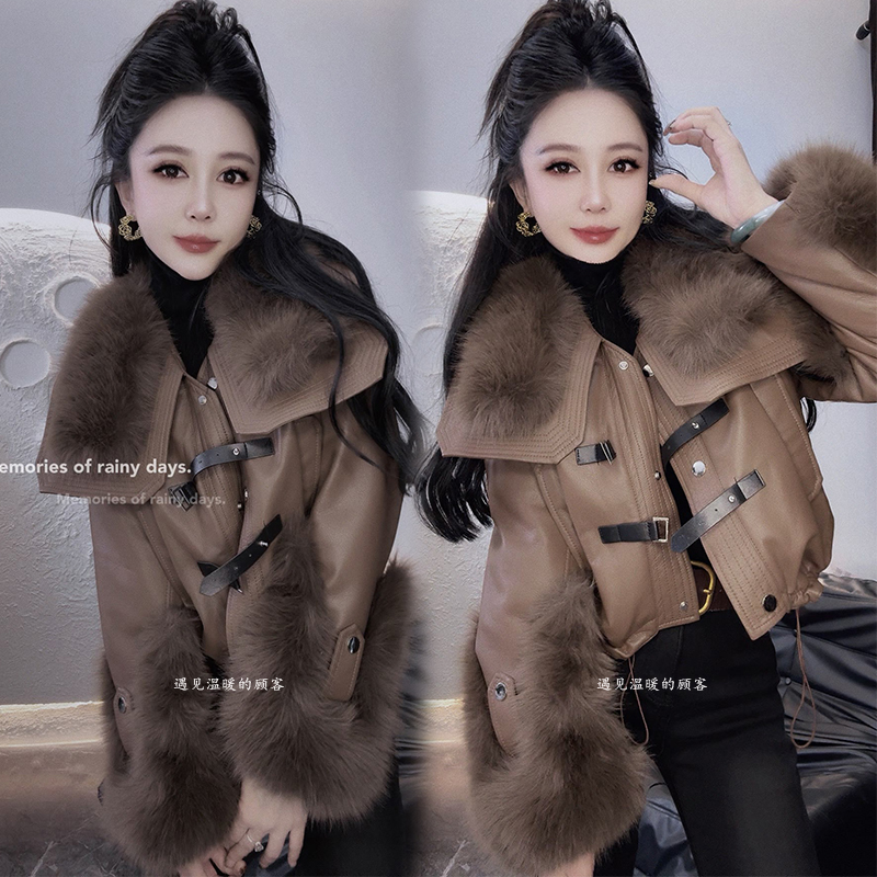 皮毛一体短款外套女2025冬季欧货复古大毛领加绒加厚皮夹克上衣潮 - 图1