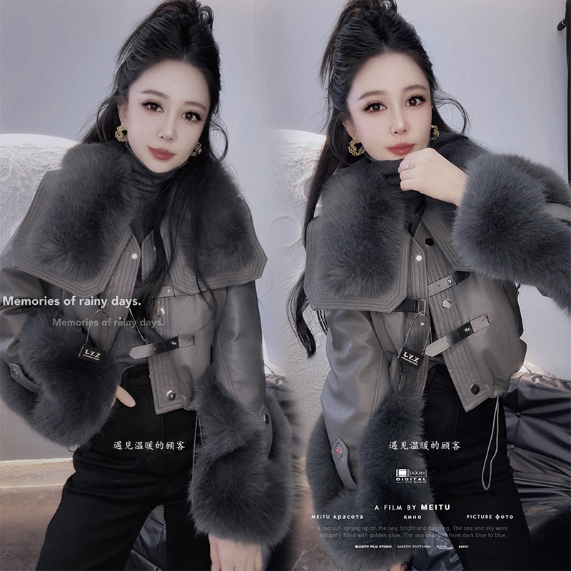 皮毛一体短款外套女2025冬季欧货复古大毛领加绒加厚皮夹克上衣潮 - 图0