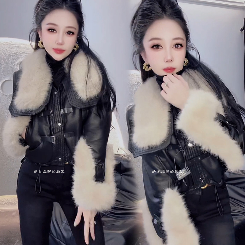 皮毛一体短款外套女2025冬季欧货复古大毛领加绒加厚皮夹克上衣潮 - 图2