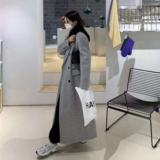 Premium gray extra-long thick woolen jacket for women