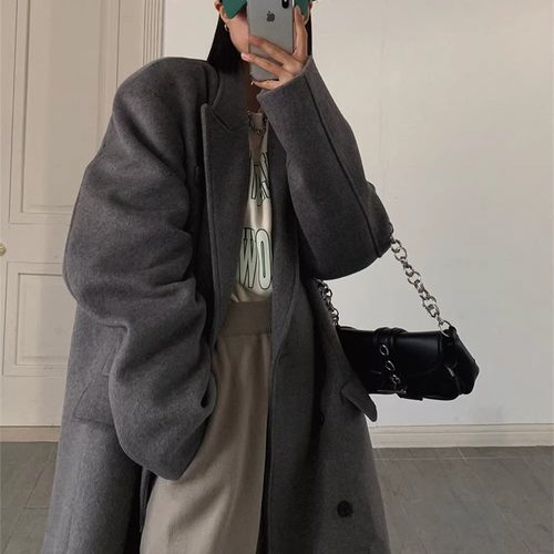 2525秋冬新款韩版毛呢外套女加长款加厚廓形赫本风高个子宽松大衣 - 图3