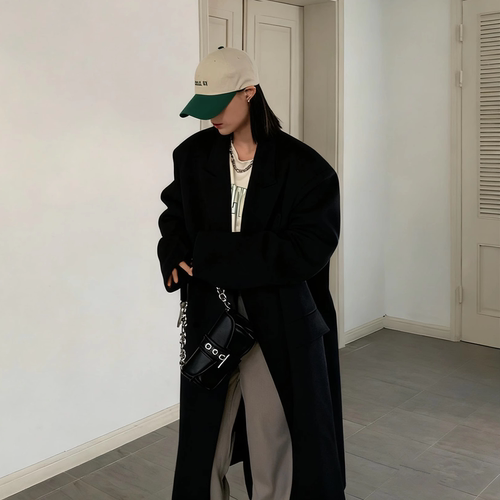 2525秋冬新款韩版毛呢外套女加长款加厚廓形赫本风高个子宽松大衣 - 图1