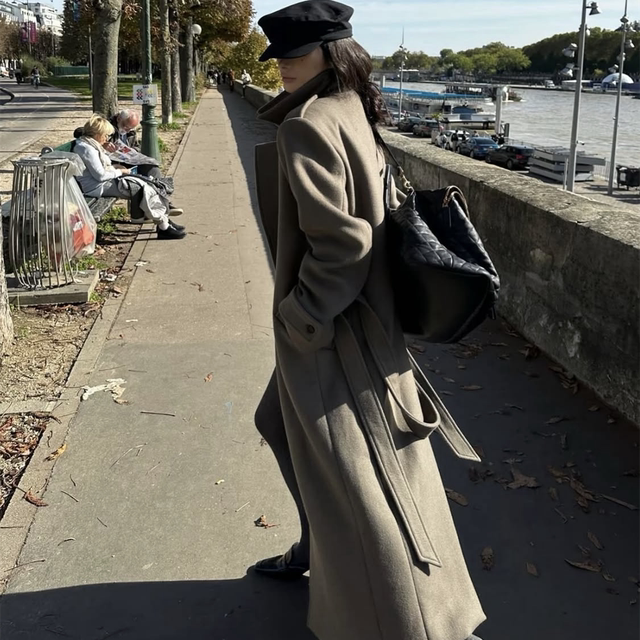 Milk tea color extended woolen coat for tall women