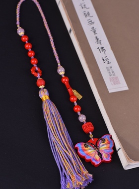 天然正品保真朱砂高含量红砂彩绘 蝴蝶 项链  包挂 车挂 万能挂