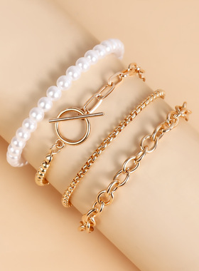 欧美跨境饰品 朋克简约叠戴金属链混搭仿珍珠手饰 时尚手链套装女