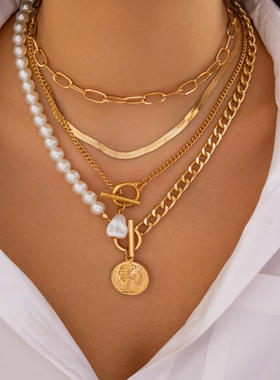 欧美跨境复古金属圆片吊坠蛇骨链