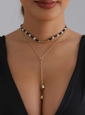 欧美跨境饰品复古黑珠珍珠拼接长