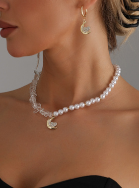 欧美跨境饰品珍珠透明石拼接项链