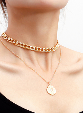 欧美跨境饰品复古双层几何铝链