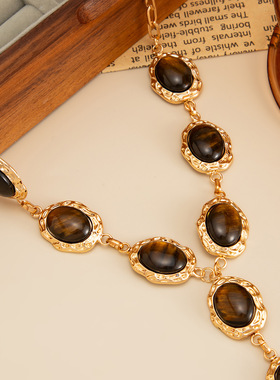 欧美跨境小众复古镶嵌虎眼石Y形