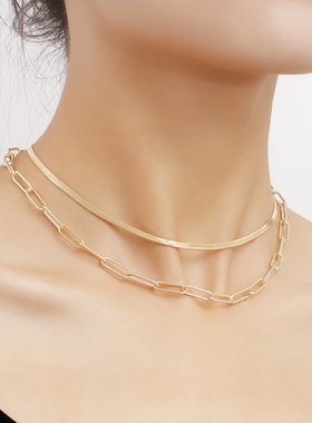 欧美跨境饰品双层多层方形锁骨链
