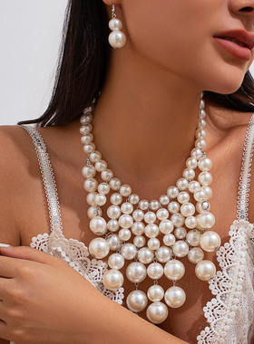 欧美跨境复古几何圆珠多层锁骨链