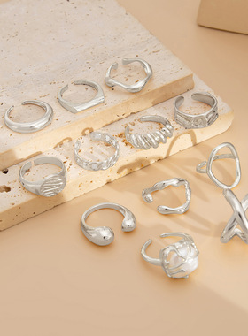 欧美跨境ins套装巴洛克珍珠关节戒指女 液态交叉熔岩螺纹指环手饰