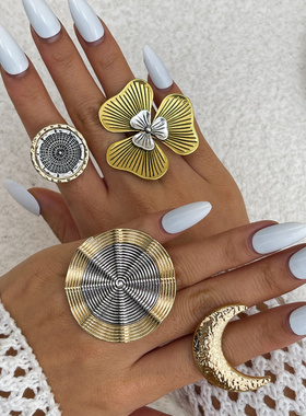 欧美跨境撞色复古罗盘几何关节戒