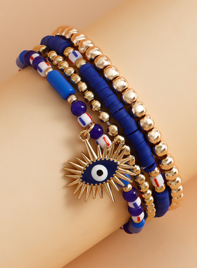 欧美跨境饰品民族风彩色软陶邪恶之眼手饰叠戴简约多色串珠手链女