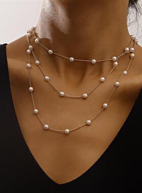 欧美跨境饰品简约几何细链珍珠