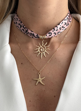 欧美跨境美拉德豹纹珍珠丝巾项链