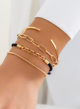 欧美跨境饰品 金属风叠戴混搭链条百搭手镯 嘻哈几何爱心时尚手链