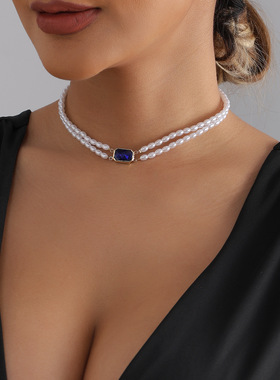 欧美跨境饰品双层仿珍珠方形水钻