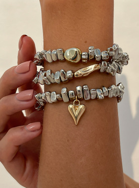 欧美跨境个性夸张不规则异形串珠手饰品 小众设计感桃心叠戴手链