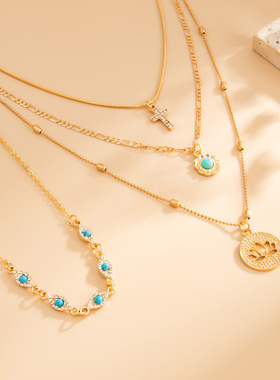 欧美跨境民族风莲花水滴吊坠项链