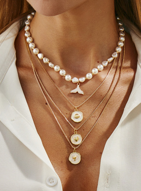 欧美跨境异形珍珠串珠锁骨鱼尾项