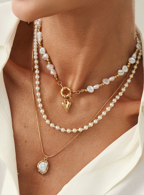 欧美跨境ins简约爱心形珍珠项链