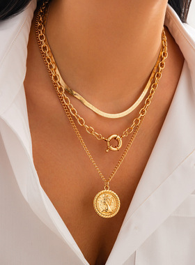 欧美跨境复古人像吊坠叠戴项链